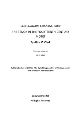 Concordare Cum Materia: the Tenor in the Fourteenth-Century Motet
