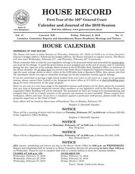 HOUSE CALENDAR MEMBERS of the HOUSE: the House Will Meet in Joint Session on Thursday, February 14Th, 2019, at 10:00 A.M