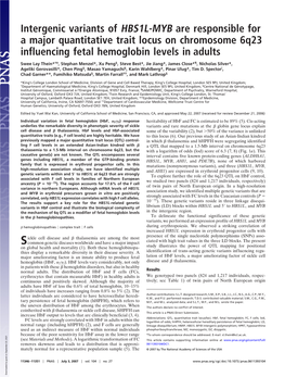 Intergenic Variants of HBS1L-MYB Are Responsible for a Major Quantitative Trait Locus on Chromosome 6Q23 Influencing Fetal Hemoglobin Levels in Adults