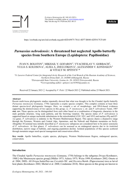 Parnassius Nebrodensis: a Threatened but Neglected Apollo Butterfly Species from Southern Europe (Lepidoptera: Papilionidae)