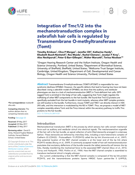 Integration of Tmc1/2 Into the Mechanotransduction Complex in Zebrafish Hair Cells Is Regulated by Transmembrane O-Methyltransfe