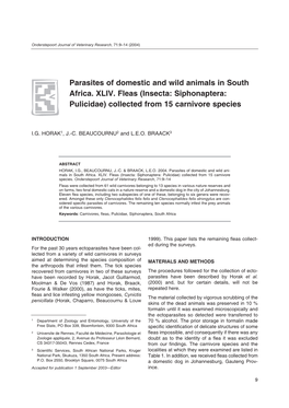 Parasites of Domestic and Wild Animals in South Africa. XLIV. Fleas (Insecta: Siphonaptera: Pulicidae) Collected from 15 Carnivore Species