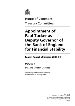 Appointment of Paul Tucker As Deputy Governor of the Bank of England for Financial Stability