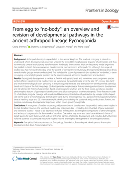 An Overview and Revision of Developmental Pathways in the Ancient Arthropod Lineage Pycnogonida Georg Brenneis1* , Ekaterina V