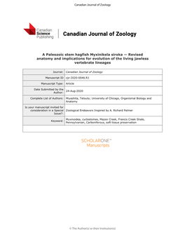 A Paleozoic Stem Hagfish Myxinikela Siroka — Revised Anatomy and Implications for Evolution of the Living Jawless Vertebrate Lineages