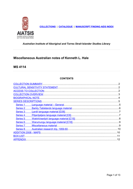 Miscellaneous Australian Notes of Kenneth L. Hale MS 4114