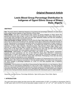Original Research Article Lewis Blood Group Percentage Distribution In
