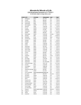 Wonderful Words of Life USA Broadcasting Schedule As of 7/18/2011 All Information Subject to Change Without Notice