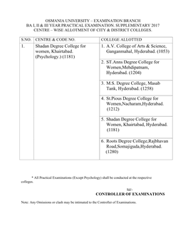 1. Shadan Degree College for Women, Khairtabad. (Psychology.)