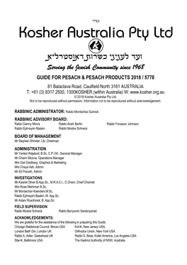 Serving the Jewish Community Since 1968 GUIDE for PESACH & PESACH PRODUCTS 2018 / 5778