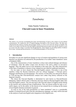 Chuvash Loans in Inner Translation Argumentum, 4 (2008), 52-58 Kossuth Egyetemi Kiadó (Debrecen)
