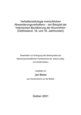 Verhaltensökologie Menschlichen Abwanderungsverhaltens – Am Beispiel Der Historischen Bevölkerung Der Krummhörn (Ostfriesland, 18