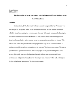 Freek Metsch 24 June 2018 the Interaction of Social Movements with the Framing of Sexual Violence in the U.S. Online Press Abstr