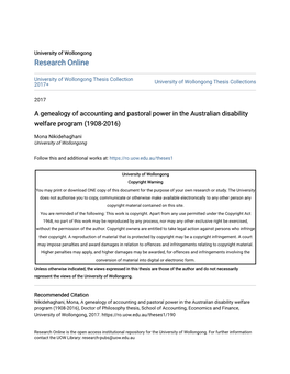 A Genealogy of Accounting and Pastoral Power in the Australian Disability Welfare Program (1908-2016)