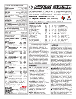 Louisville Cardinals (13-5, 8-4 ACC) Vs. Virginia Cavaliers (16-6, 12-4