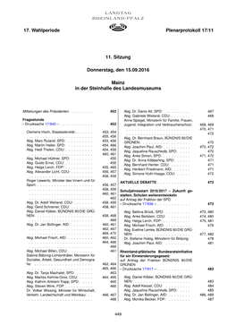 17. Wahlperiode Plenarprotokoll 17/11 11. Sitzung Donnerstag, Den 15.09.2016 Mainz in Der Steinhalle Des Landesmuseums