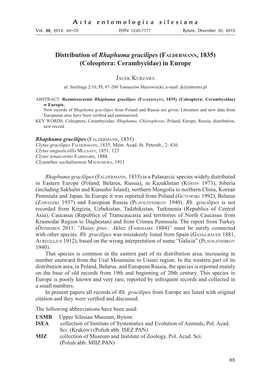 Distribution of Rhaphuma Gracilipes (Faldermann, 1835) (Coleoptera: Cerambycidae) in Europe