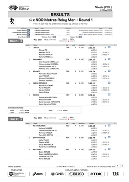 RESULTS 4 X 400 Metres Relay Men - Round 1 First 2 in Each Heat (Q) and the Next 2 Fastest (Q) Advance to the Final