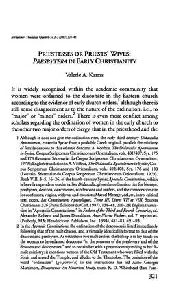 Priestesses Or Priests' Wives: Presbytera in Early Christianity