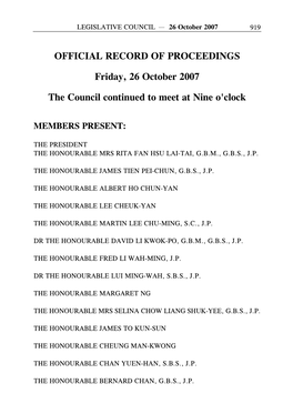 OFFICIAL RECORD of PROCEEDINGS Friday, 26 October