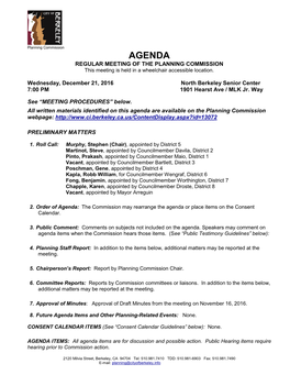 AGENDA REGULAR MEETING of the PLANNING COMMISSION This Meeting Is Held in a Wheelchair Accessible Location