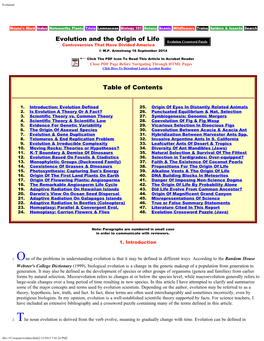 Evolution and the Origin of Life Table of Contents