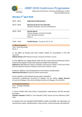 AMEF 2018 Conference Programme Department of Economics, University of Macedonia, 1St Floor Monday 2Nd April 2018