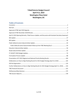 Tribal/Interior Budget Council April 9-11, 2019 Washington Plaza Hotel Washington, DC