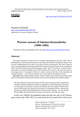 Warsaw Seasons of Salomea Kruszelnicka (1898–1902)