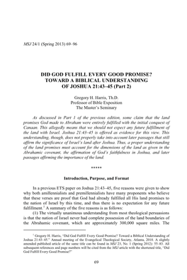 DID GOD FULFILL EVERY GOOD PROMISE? TOWARD a BIBLICAL UNDERSTANDING of JOSHUA 21:43–45 (Part 2)