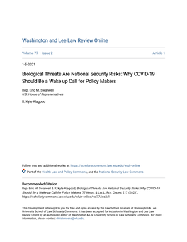 Biological Threats Are National Security Risks: Why COVID-19 Should Be a Wake up Call for Policy Makers