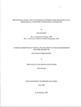 Devotional Unity and Coalitional Division: How Religion Plays Both Jekyll and Hyde to Religious Tolerance