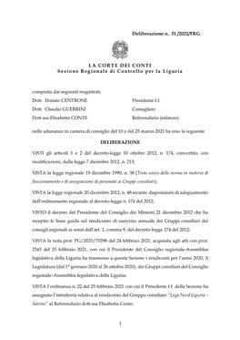 1 Deliberazione N. 31 /2021/FRG LA CORTE DEI CONTI Sezione