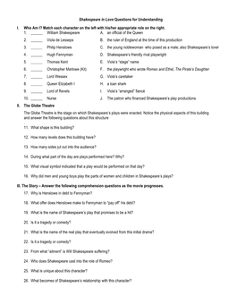 Shakespeare in Love Questions for Understanding I. Who Am I? Match