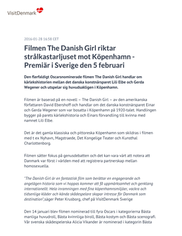 Filmen the Danish Girl Riktar Strålkastarljuset Mot Köpenhamn - Premiär I Sverige Den 5 Februari