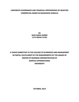 Corporate Governance and Financial Performance of Selected Commercial Banks in Mogadishu Somalia