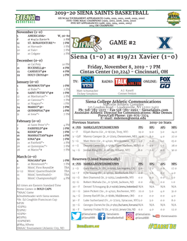 GAME #2 Siena (1-0) at #19/21 Xavier (1-0)