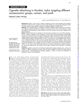 Cigarette Advertising in Mumbai, India: Targeting Different Socioeconomic Groups, Women, and Youth R Bansal, S John, P M Ling