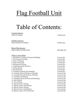 Flag Football Unit Table of Contents