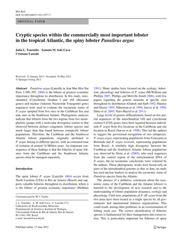 Cryptic Species Within the Commercially Most Important Lobster in the Tropical Atlantic, the Spiny Lobster Panulirus Argus