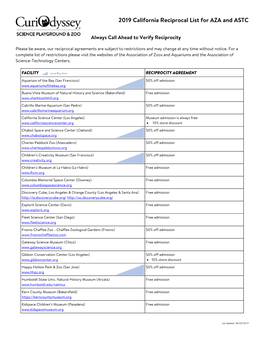 2019 California Reciprocal List for AZA and ASTC