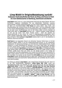 Limp Bizkit in Originalbesetzung Zurück! Exklusive Festivalauftritte Bei Rock Am Ring Und Rock Im Park Im Juni Solokonzerte in Hamburg, Dortmund Und Berlin