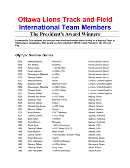 Ottawa Lions Track and Field International Team Members the President's Award Winners