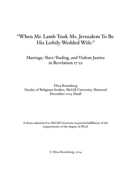 “When Mr. Lamb Took Ms. Jerusalem to Be His Loftily Wedded Wife:”