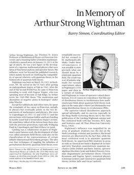 In Memory of Arthur Strong Wightman
