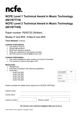 NCFE Level 2 Technical Award in Music Technology (601/6774/9)