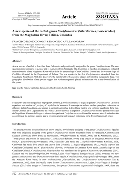 A New Species of the Catfish Genus Cordylancistrus (Siluriformes, Loricariidae) from the Magdalena River, Tolima, Colombia