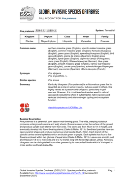 Poa Pratensis Global Invasive Species Database (GISD)