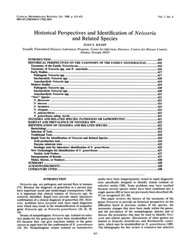 Historical Perspectives and Identification of Neisseria and Related Species JOAN S