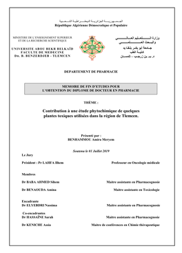 Contribution À Une Étude Phytochimique De Quelques Plantes Toxiques Utilisées Dans La Région De Tlemcen